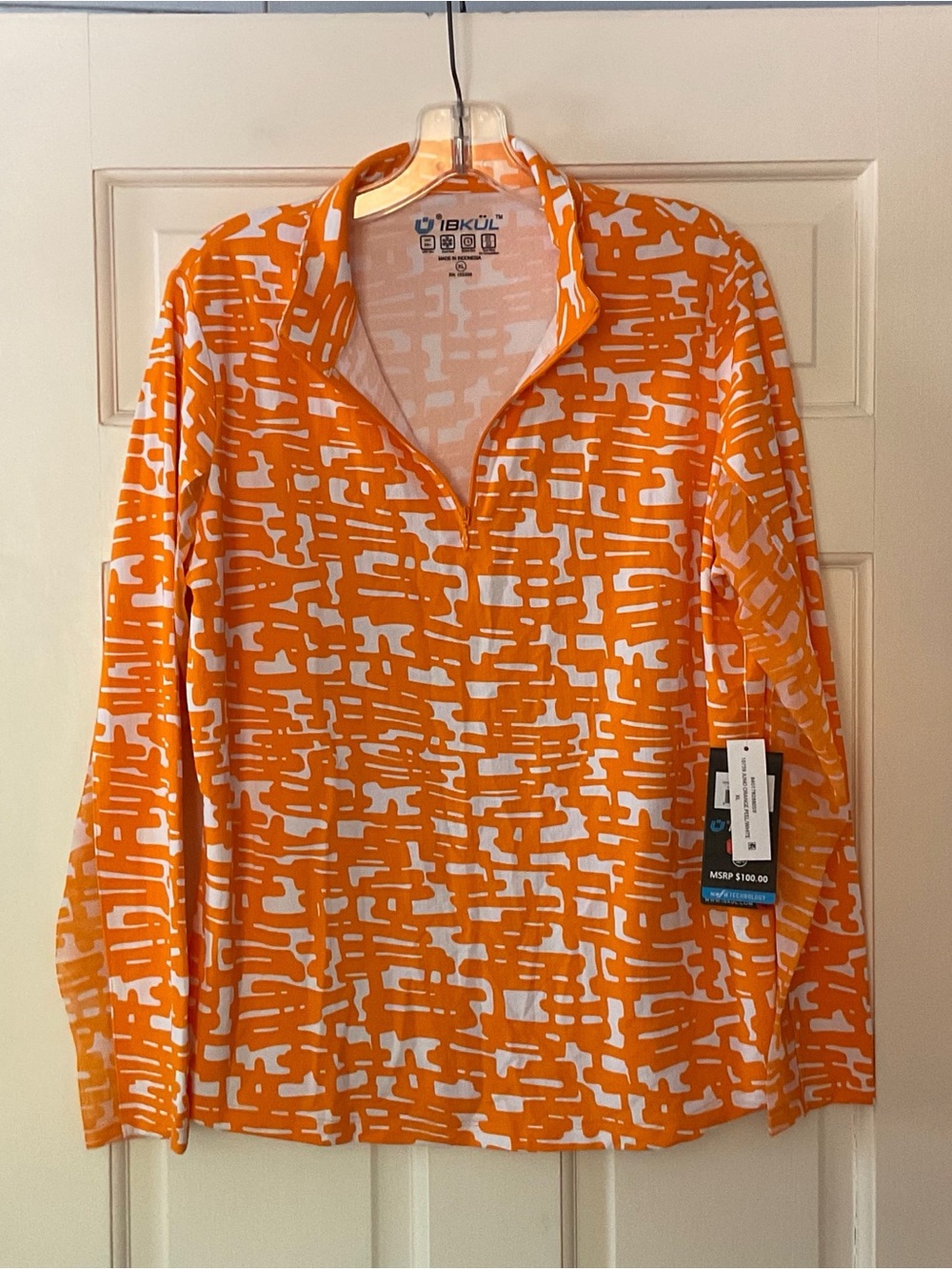 IBKUL Women's Juno Print Long Sleeve Mock Neck Golf Top Orange XL NWT Pickleball